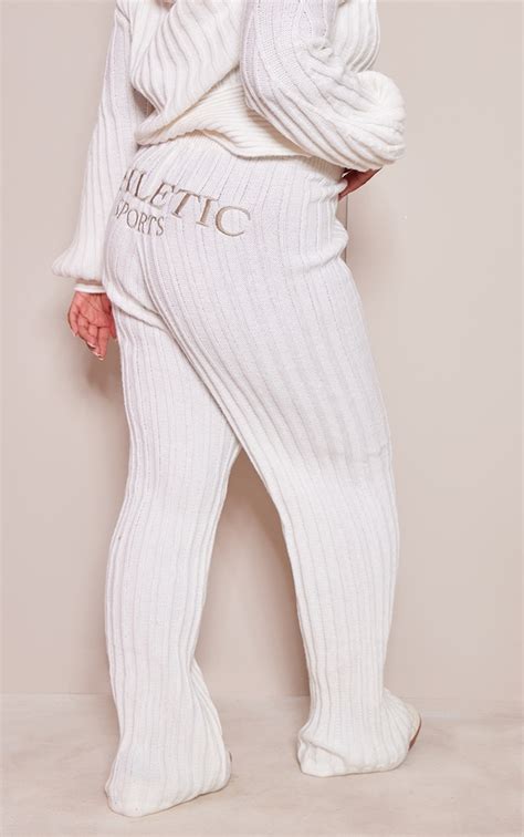 Plt Plus Cream Ribbed Wide Leg Knitted Trousers Plus Size