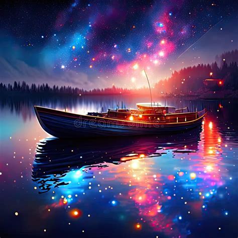 Fantasy Landscape With A Boat In The Water And A Starry Sky Generative Ai Stock Illustration