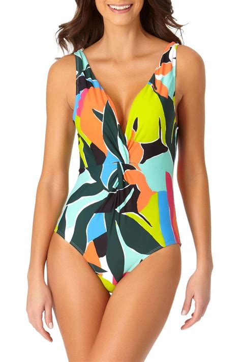 Anne Cole Polynesian Palm Plunge Twist One Piece Swimsuit 12 Multi Color