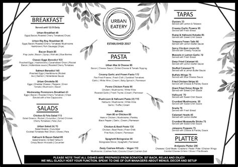 menu  urban eatery restaurant vereeniging  orwell dr