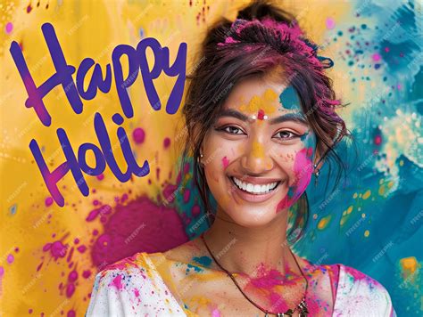 Premium Photo Holi Festival Poster Woman Smiling With Happy Holi Text