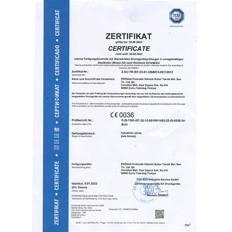 Tuv Sud Certificate Pnosan Steam And Flow Control Equipment