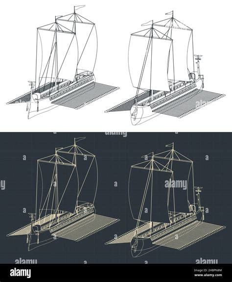 Stylized Vector Illustration Of Isometric Blueprints Of Roman Warship