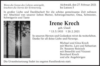 Traueranzeigen Von Irene Krech Zeit Des Gedenkens De