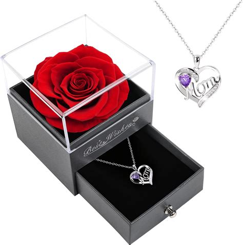 Amazon ASELFAD Preserved Flowers Real Red Rose With Mom Necklace