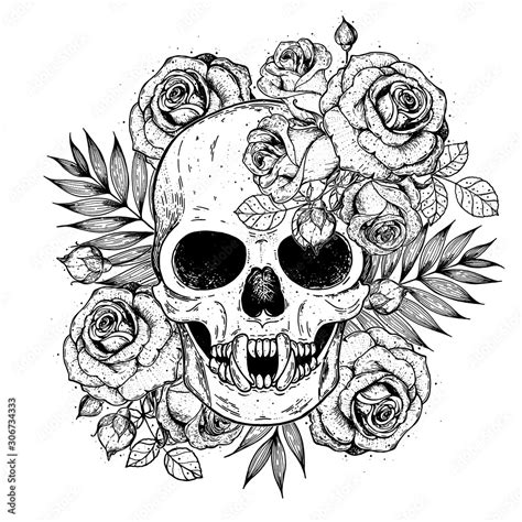 Vampire Skull And Flowers Hand Drawn Illustration Tattoo Vintage Print