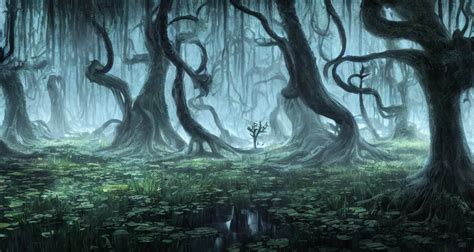 A Dense And Dark Enchanted Forest With A Swamp By Stable Diffusion