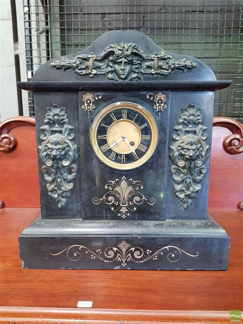 Lot Large Late 19th Century French Black Slate Mantle Clock With