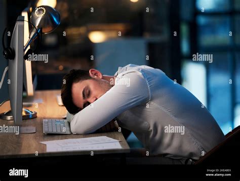 Man Burnout And Sleep In Call Center Office Overworked From Working At Crm Compliance