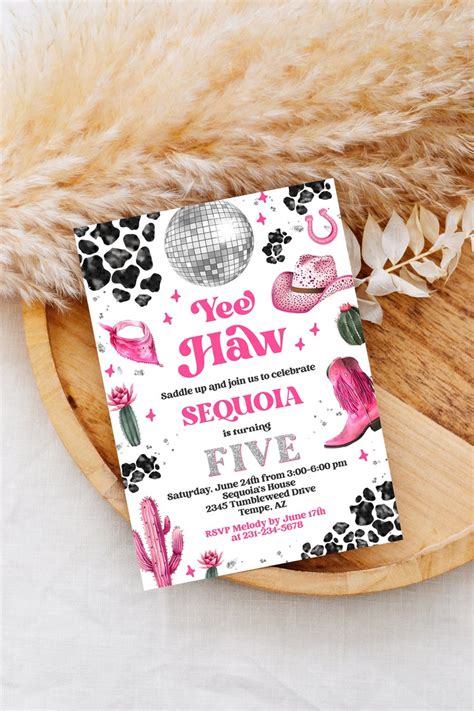 Editable Space Cowgirl Birthday Invitation Pink Disco Etsy