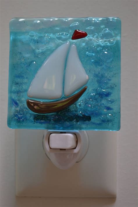 Small Sailboat Fused Glass Night Light Etsy Fused Glass Ornaments Fused Glass Panel Glass