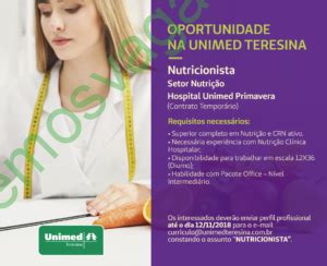 Emprego Para Nutricionista Na Unimed Em Teresina PI Themos Vagas