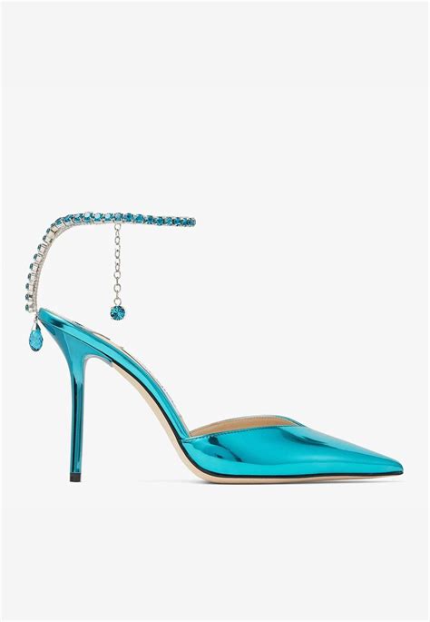 Jimmy Choo Leather Saeda Crystal Embellished Pointed Pumps In Blue