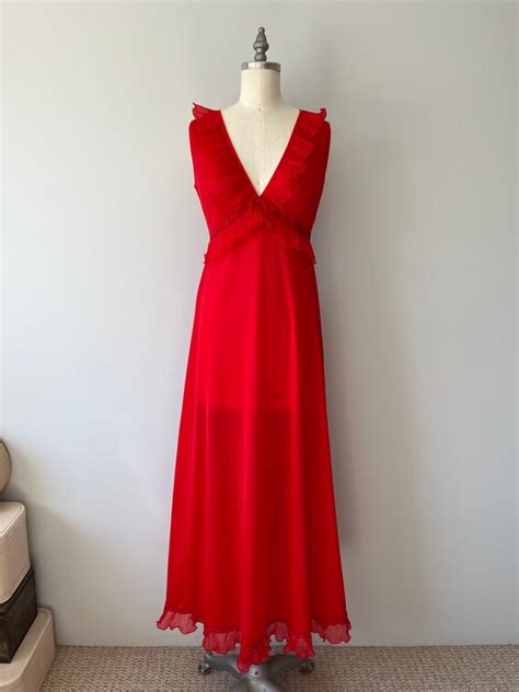 Red Nightgown Set S Vintage Lingerie Sexy High Gem