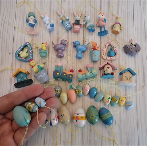 Vintage Wood Easter Ornaments Set Of 40 Miniature Wooden Eggs Birds