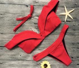 Sexy Pure Red Strapless Cute Two Piece Bikini Lotus Off Shoulder Swimsuit On Luulla