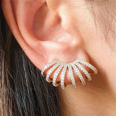 Brinco Ear Cuff Argolas Cravejadas Zircônias Semijoia Dourado