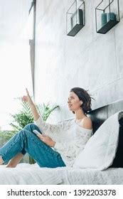Low Angle View Brunette Woman Gesturing Stock Photo 1392203378