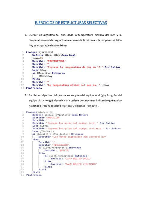 Ejercicios De Estructuras Selectivas Ejercicios De Estructuras