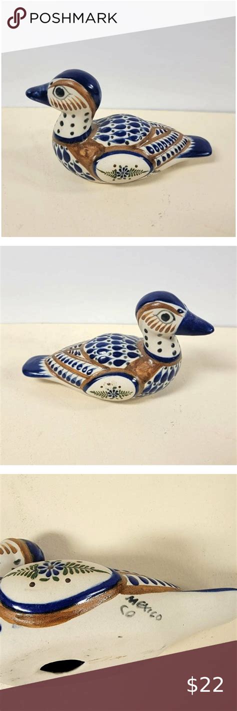 Mexican Tonala Pottery Duck Folk Art Figurine Blue Brown Hand Painted