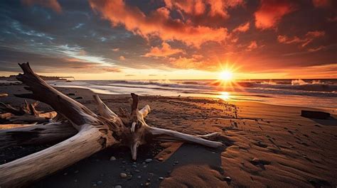 Premium Photo | Sunrise on a quite beach with driftwood the beautiful ...