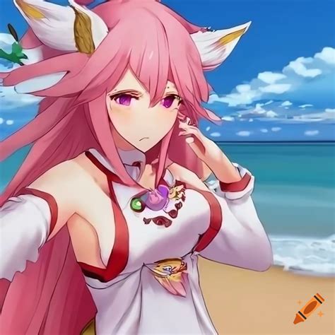 Pink Kitsune With Tails Swimming On The Beach