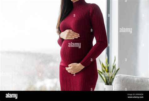 Pregnant Woman Profile Holding Her Belly In Red Dress Beautiful Model For Pregnancy Maternity