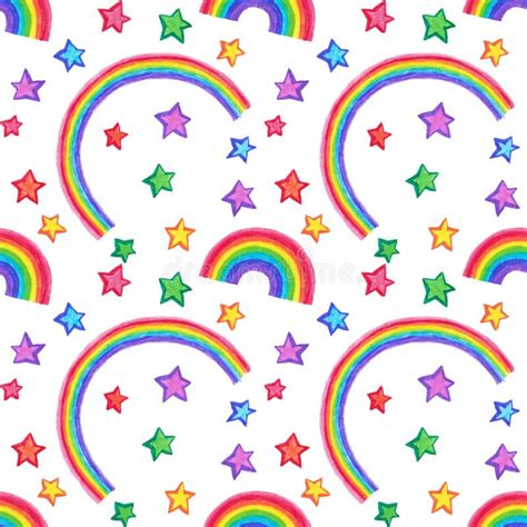 Rainbow And Stars Doodle Seamless Pattern Stock Illustration