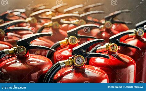 Close Up Of A Large Group Of Red Fire Extinguishers Generative Ai Stock Illustration