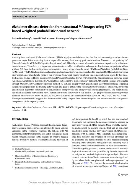 Alzheimer Disease Detection From Structural MR Images Using FCM Based