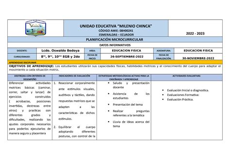 Planificacion Microcurricular UNIDAD EDUCATIVA MILENIO CHINCA