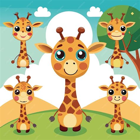 Girafas Desenhos Coloridos - Girafas de desenho animado bonitas em várias poses contra um fundo ...