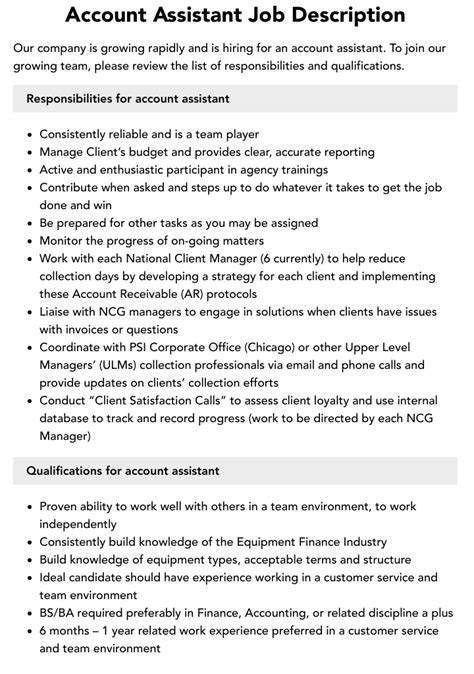 Account Assistant Job Description Velvet Jobs