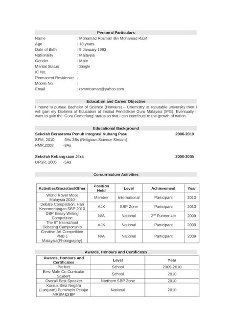 Doc Resume For Spm Leavers 2 Dokumentips