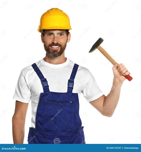 Constructor Profesional En Uniforme Con Martillo Aislado En Blanco