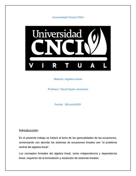 A Algebra Lineal Act Universidad Virtual Cnci Materia Algebra