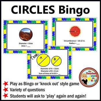 Circles Bingo Math Game I Area Circumference Diameter Radius Tpt