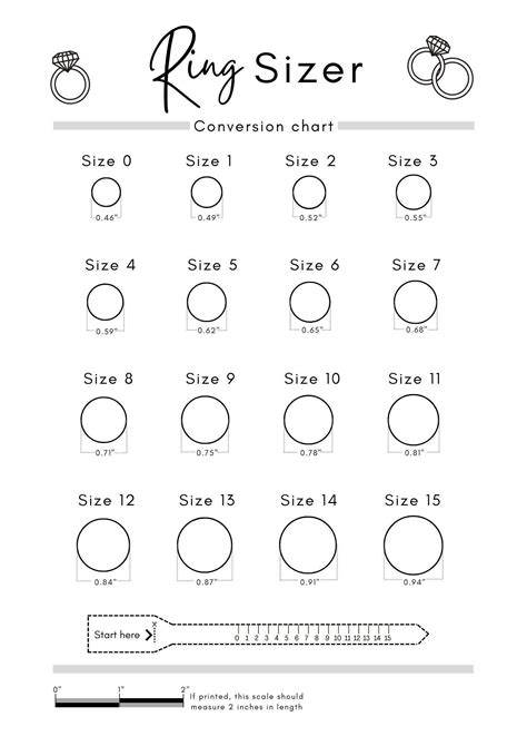 Printable Ring Sizer Ring Size Inches Printable Measuring Tool International Ring Size Chart