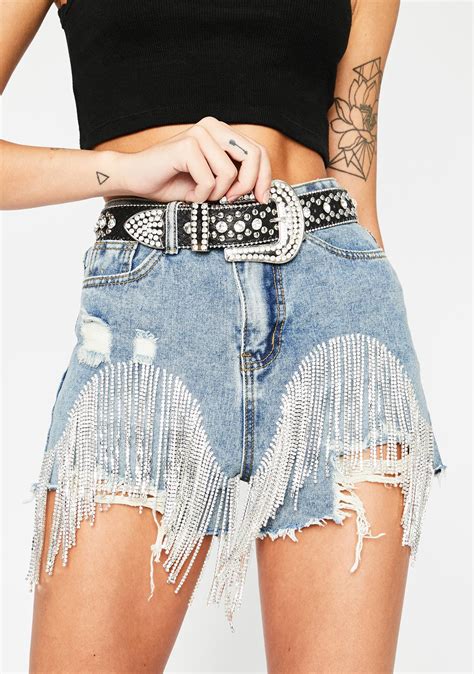 Rhinestone Fringe Denim Shorts Blue Dolls Kill