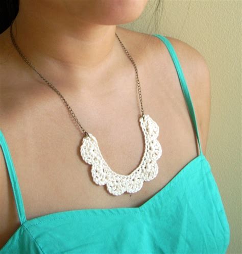 Crochet Lace Bib Necklace In Ivory In 2024 Crochet Choker Designs Lace Bib