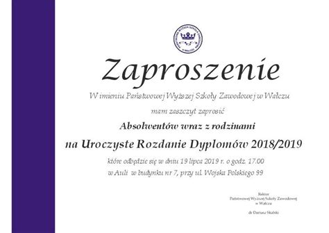 Zaproszenie za Uroczyste Rozdanie Dyplomów pwsz eu