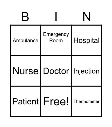 Hospital Bingo Card