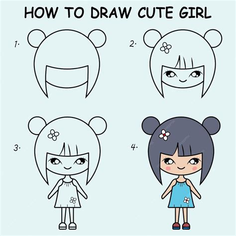 premium vector step  step  draw  cute girl drawing tutorial