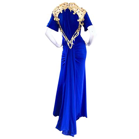 Incredible Vintage Royal Blue Jersey Gold Leather Beaded Grecian