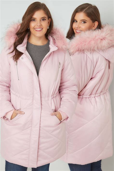 Pink Padded Parka Jacket With Faux Fur Hood Plus Size 16 To 36