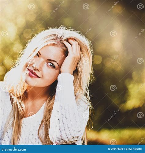 Smiling Blonde In Park Stock Photo Image Of Positive
