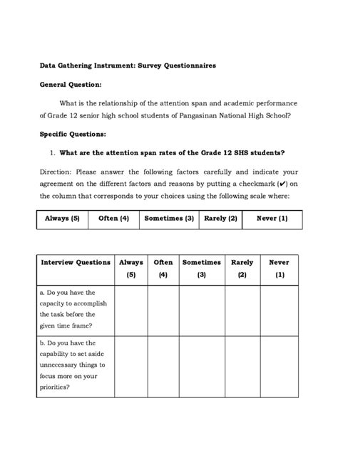 Data Gathering Instrument Survey Questionnaires Pdf Attention