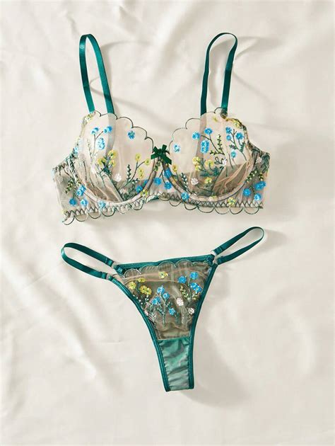 2 peças Conjunto de Lingerie Sexy Flor Bordada em contraste de rede