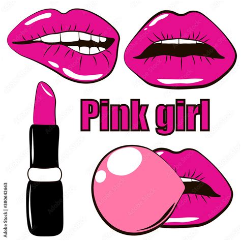 Vector Illustration Set Of Women Pink Lipstick Sexy Lips Lips With