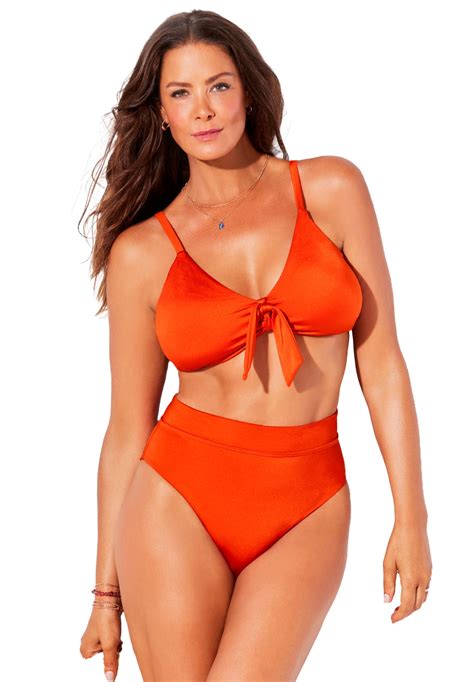 Swimsuits For All Womens Plus Size Mentor Tie Front High Waist Bikini